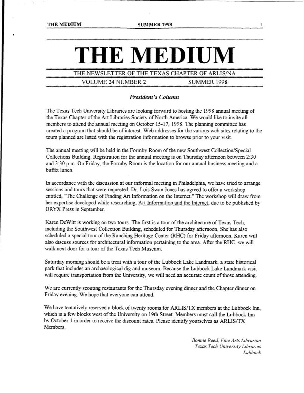 The Medium the Newsletter of the Texas Chapter of Arlis/Na Volume 24 Number 2 Sum:Mer 1998