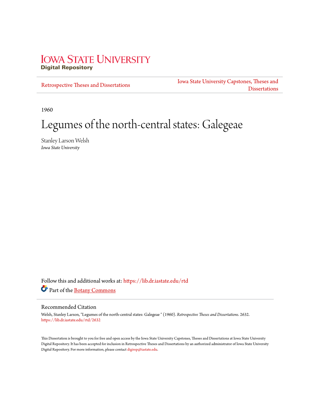 Legumes of the North-Central States: Galegeae Stanley Larson Welsh Iowa State University