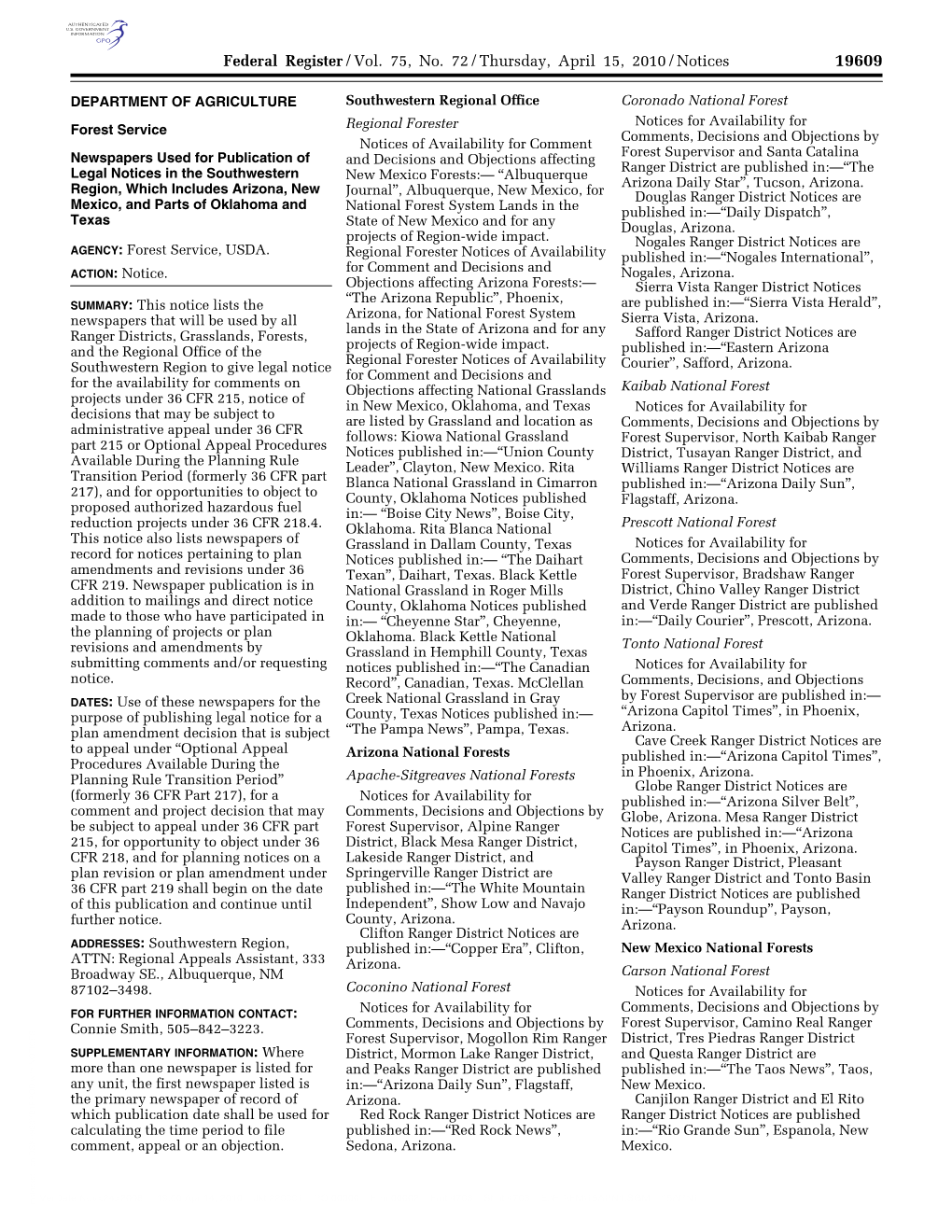 Federal Register/Vol. 75, No. 72/Thursday, April 15, 2010/Notices