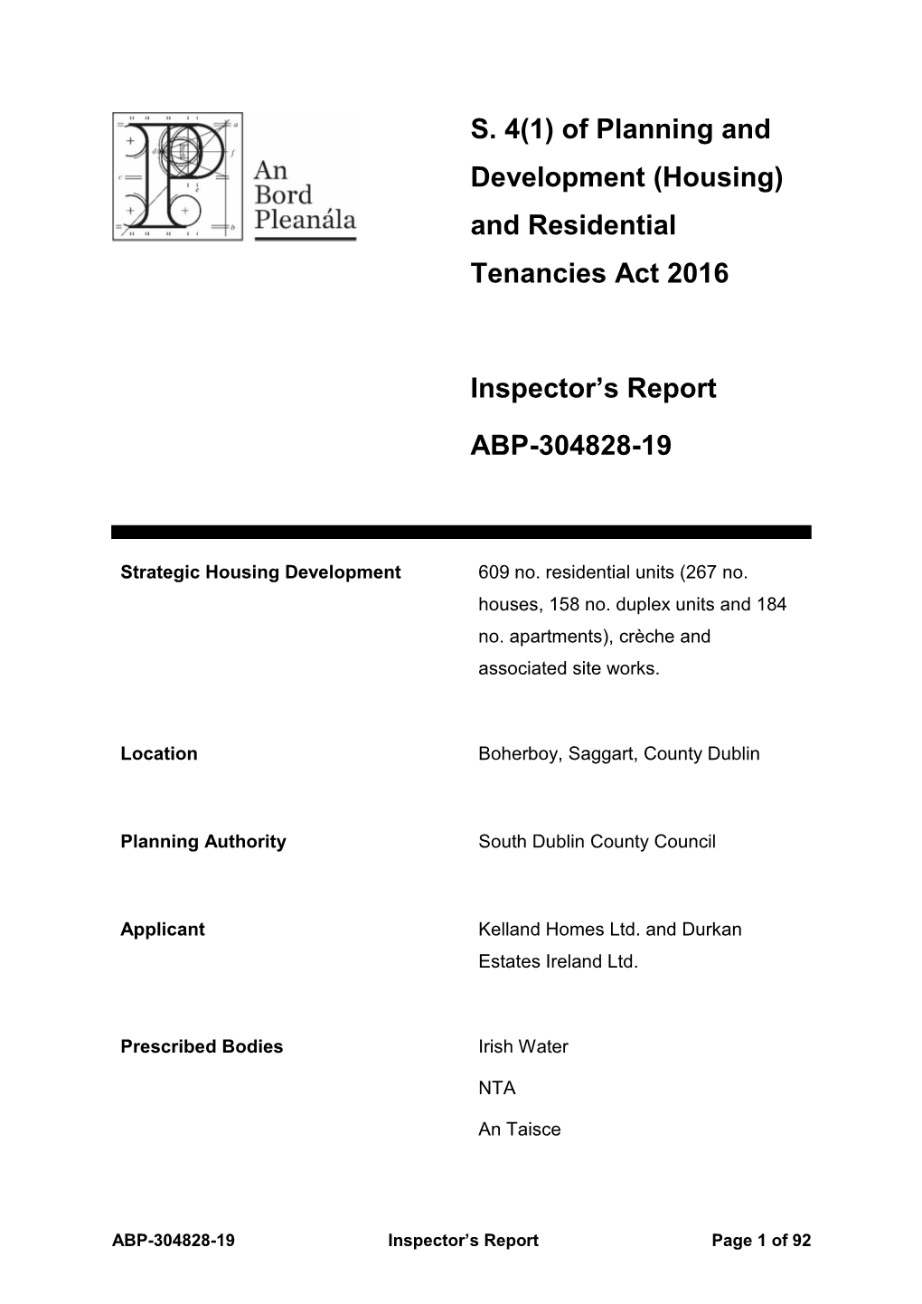 S. 4(1) of Planning and Development (Housing) and Residential Tenancies Act 2016 Inspector's Report ABP-304828-19