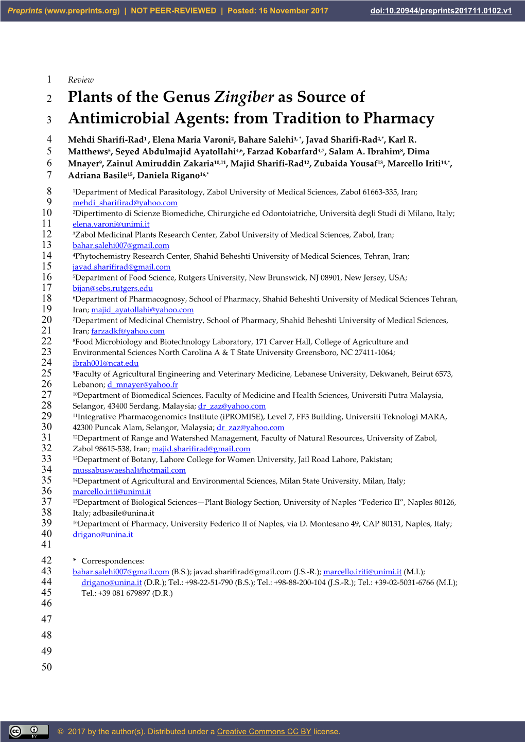 Plants of the Genus Zingiber As Source of 3 Antimicrobial Agents: from Tradition to Pharmacy