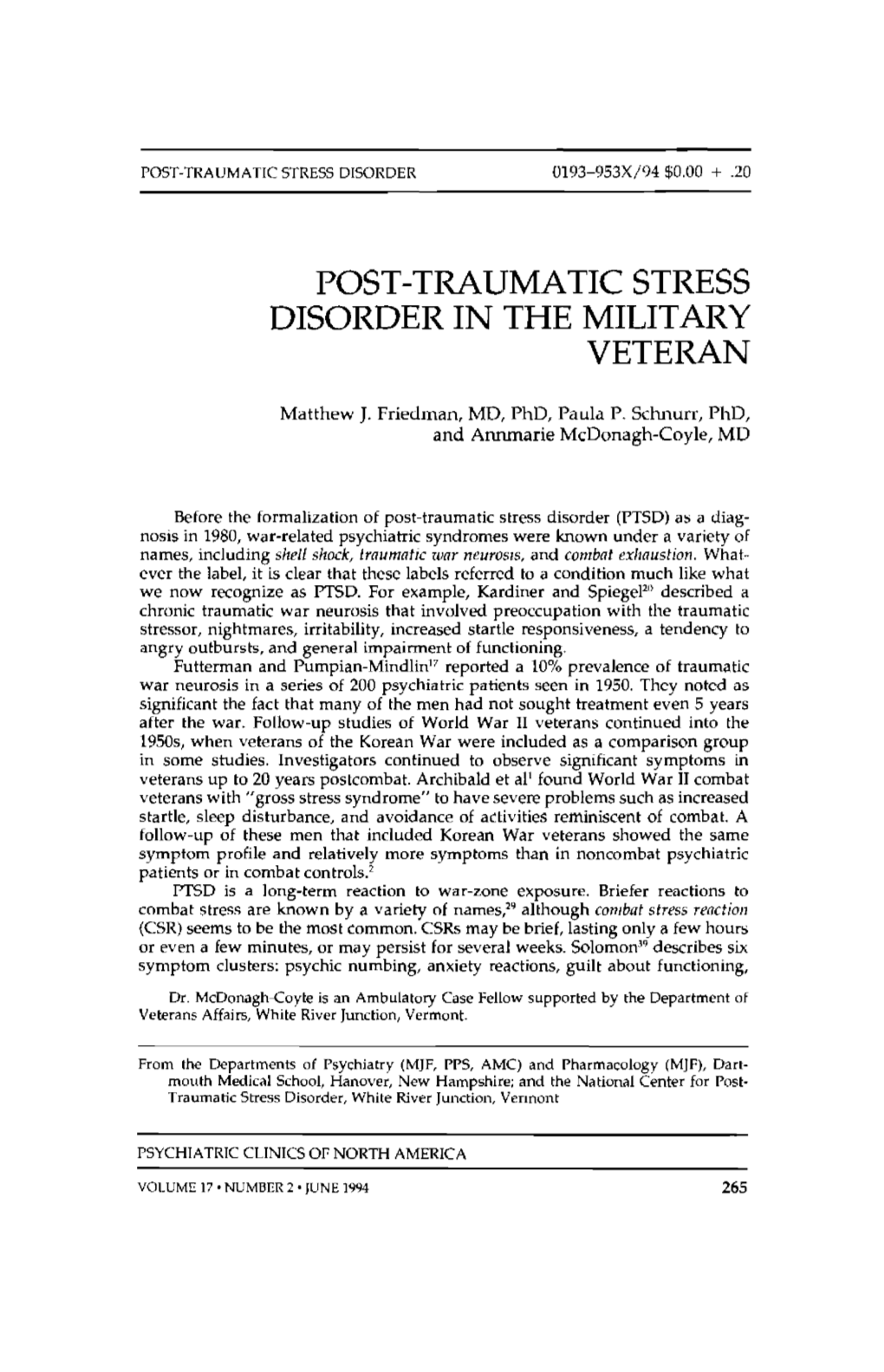 Post-Traumatic Stress Disorder in the Military Veteran