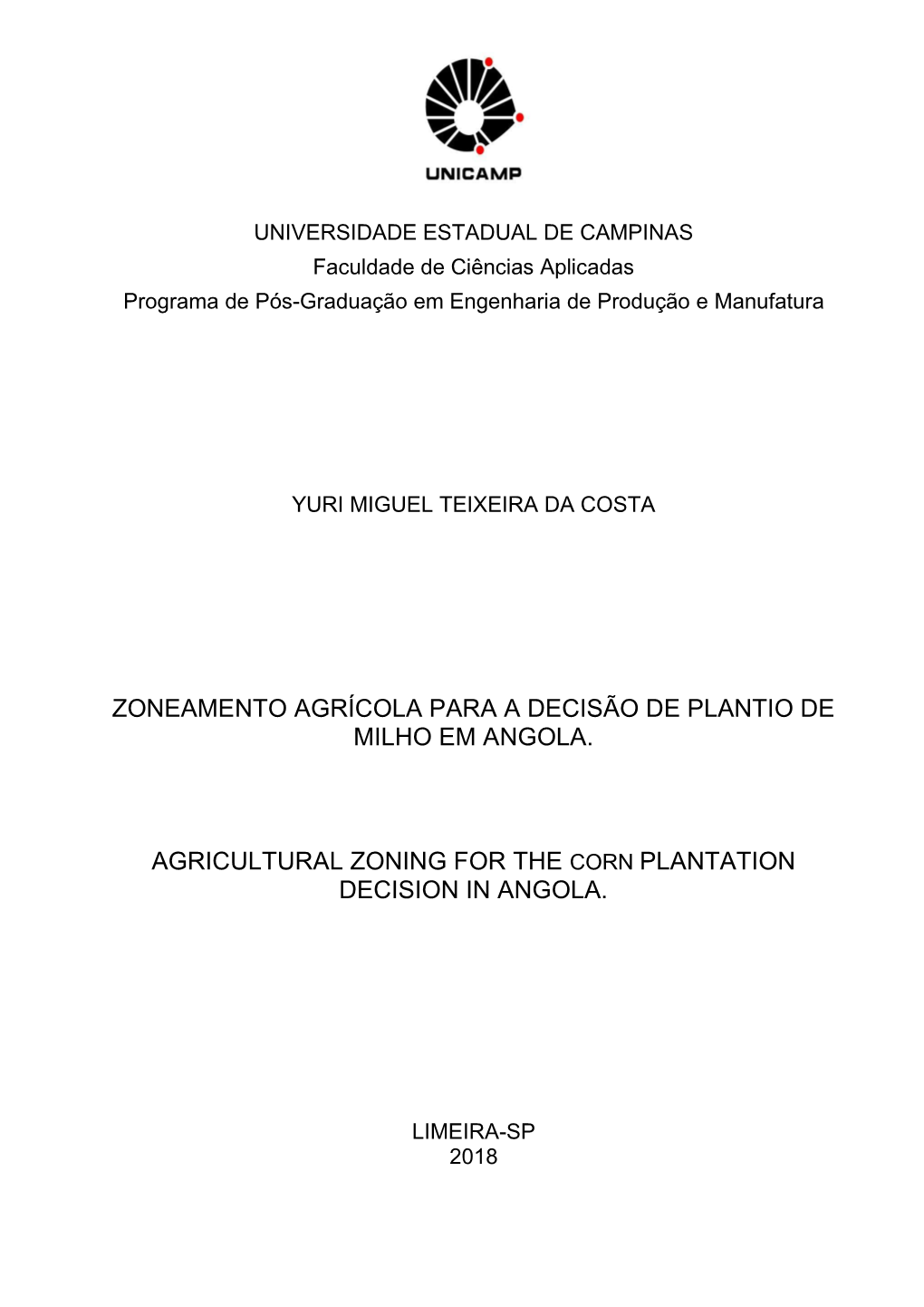 Zoneamento Agrícola Para a Decisão De Plantio De Milho Em Angola