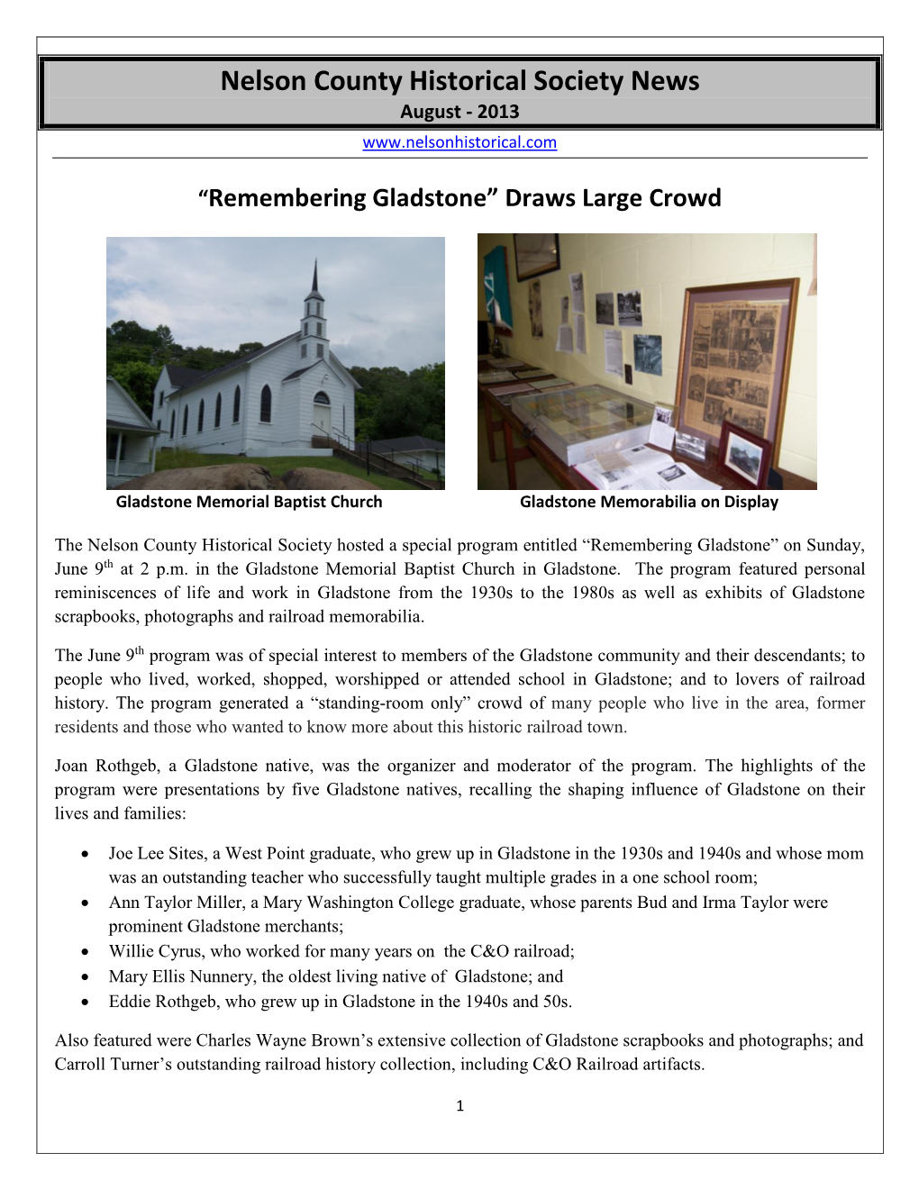 Nelson County Historical Society News August - 2013