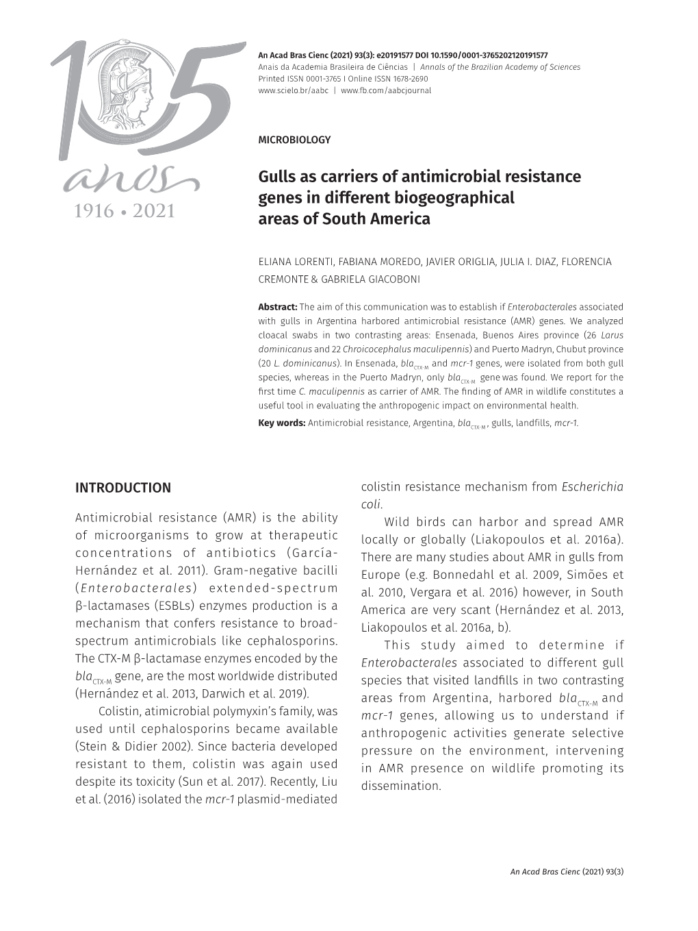 Gulls As Carriers of Antimicrobial Resistance Genes in Different Laboratory Work and in the Conceptualization, Methodology, Biogeographical Areas of South America