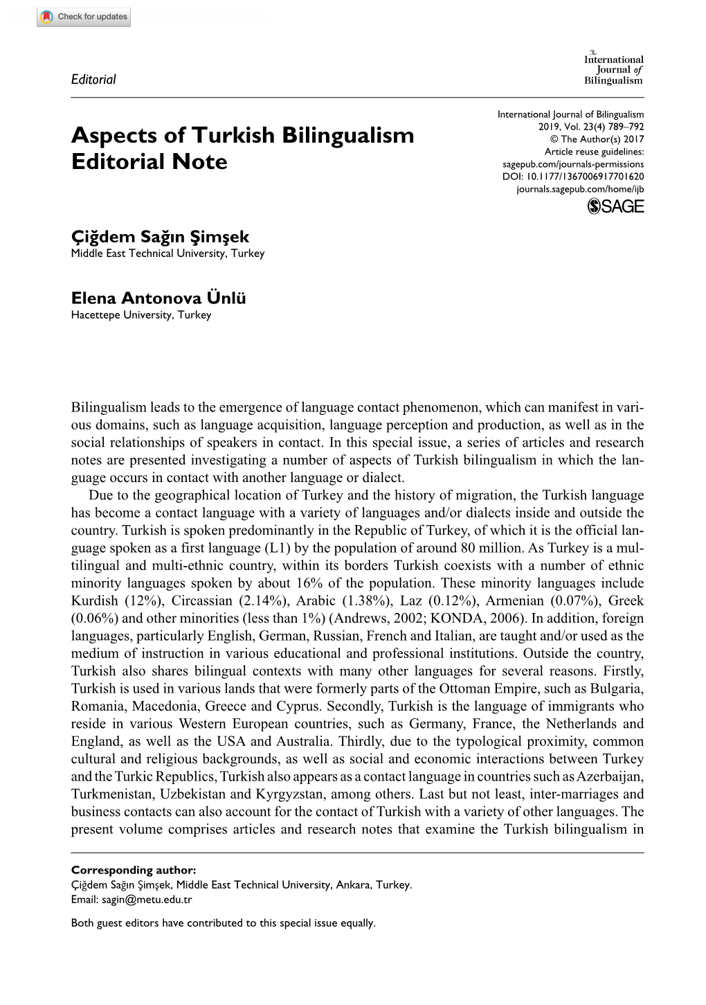 Aspects of Turkish Bilingualism Editorial Note