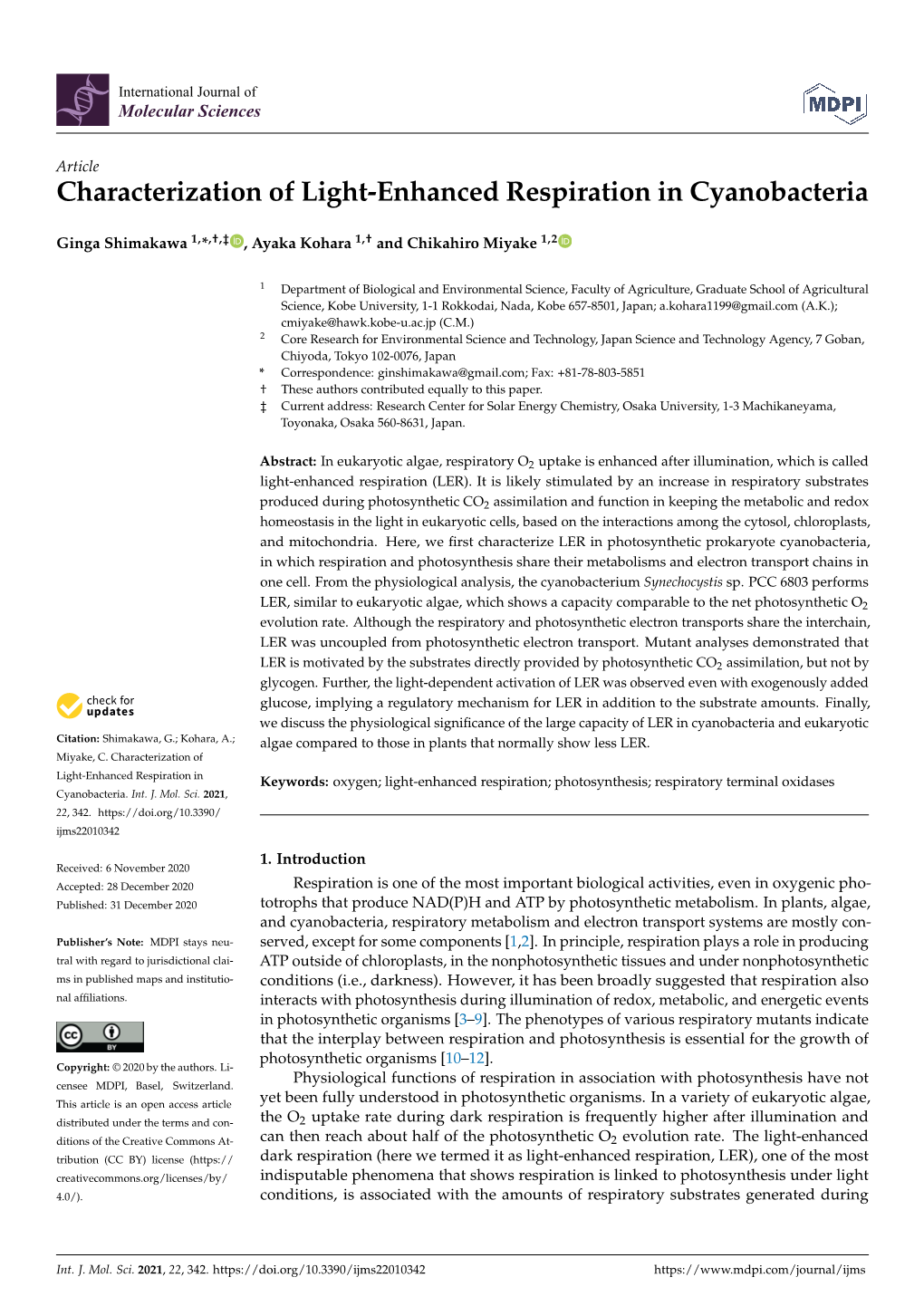 Characterization of Light-Enhanced Respiration in Cyanobacteria