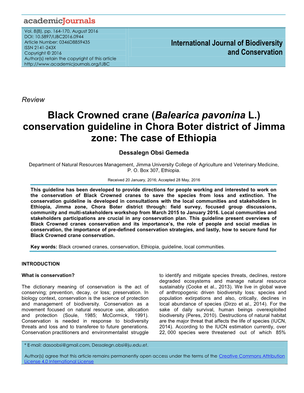 Black Crowned Crane (Balearica Pavonina L.) Conservation Guideline in Chora Boter District of Jimma Zone: the Case of Ethiopia