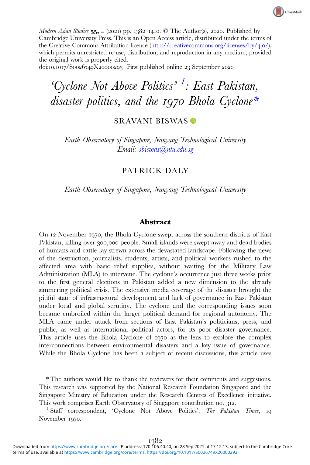 East Pakistan, Disaster Politics, and the Bhola Cyclone