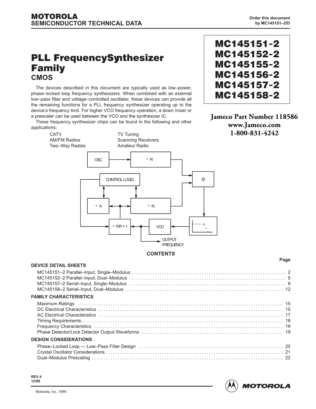 PLL Frequency Synthesizer Family MC145151-2 MC145152