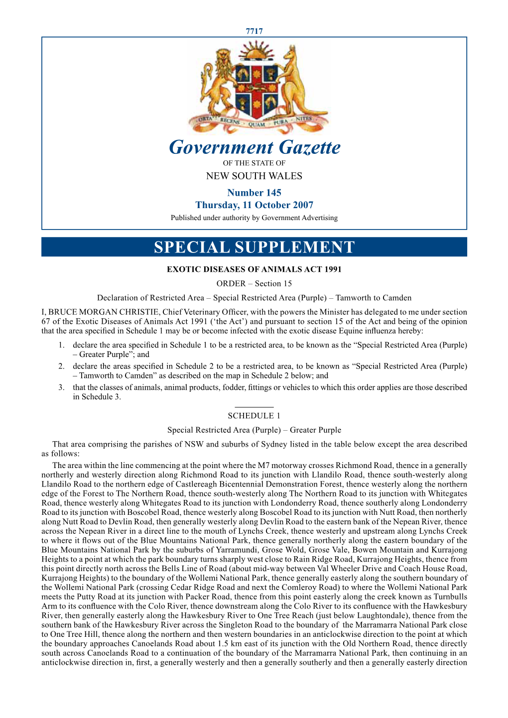 Government Gazette of the STATE of NEW SOUTH WALES Number 145 Thursday, 11 October 2007 Published Under Authority by Government Advertising