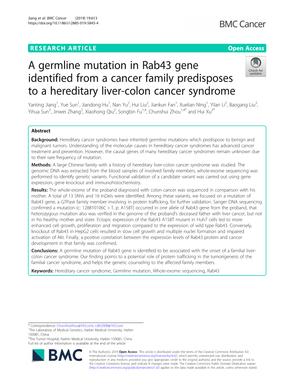 A Germline Mutation in Rab43 Gene Identified from a Cancer Family