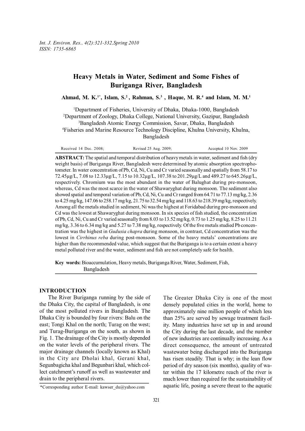 Heavy Metals in Water, Sediment and Some Fishes of Buriganga River, Bangladesh