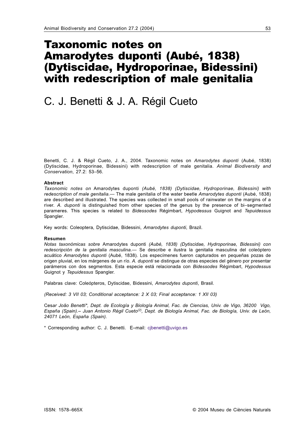 Taxonomic Notes on Amarodytes Duponti (Aubé, 1838) (Dytiscidae, Hydroporinae, Bidessini) with Redescription of Male Genitalia C