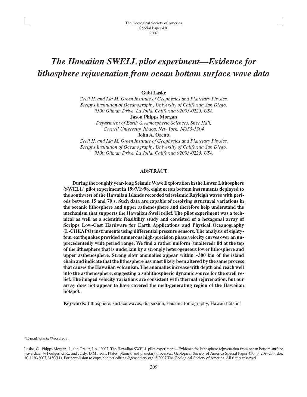 The Hawaiian SWELL Pilot Experiment—Evidence for Lithosphere Rejuvenation from Ocean Bottom Surface Wave Data