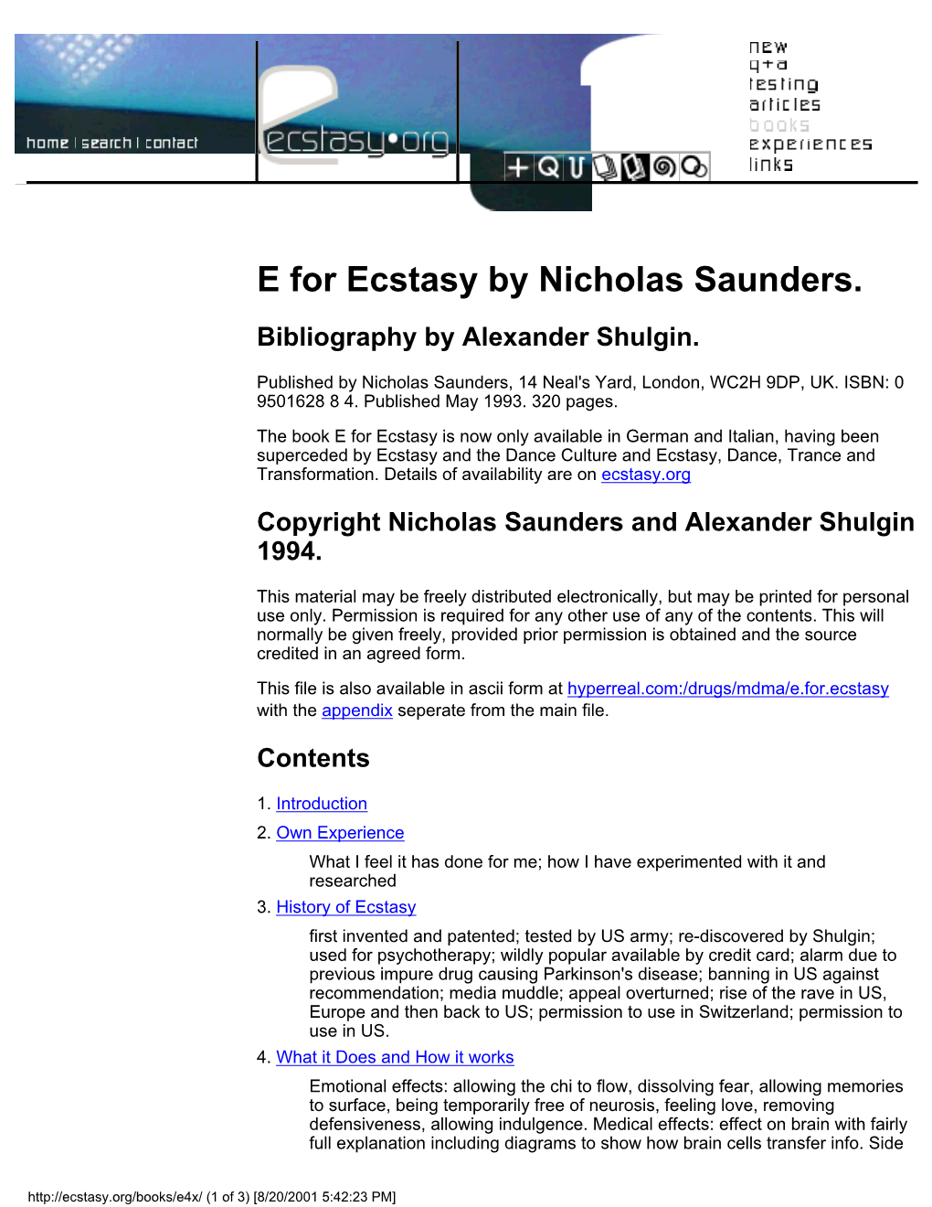 E for Ecstasy by Nicholas Saunders