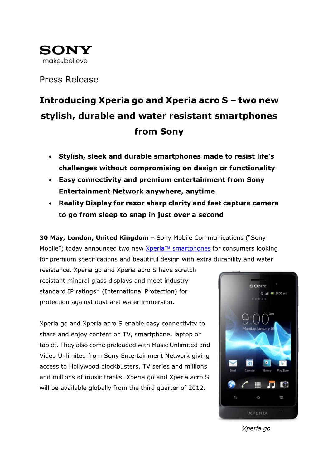 Press Release Introducing Xperia Go and Xperia Acro S – Two New Stylish