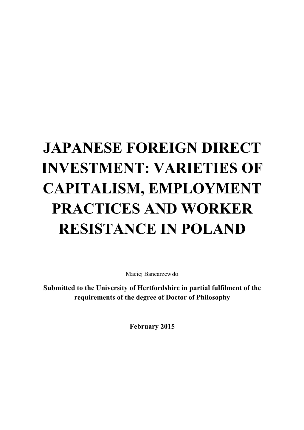 Japanese Foreign Direct Investment: Varieties of Capitalism, Employment Practices and Worker Resistance in Poland