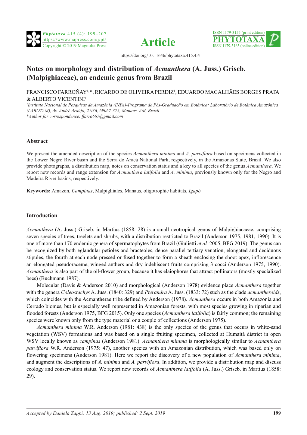 Notes on Morphology and Distribution of Acmanthera (A. Juss.) Griseb