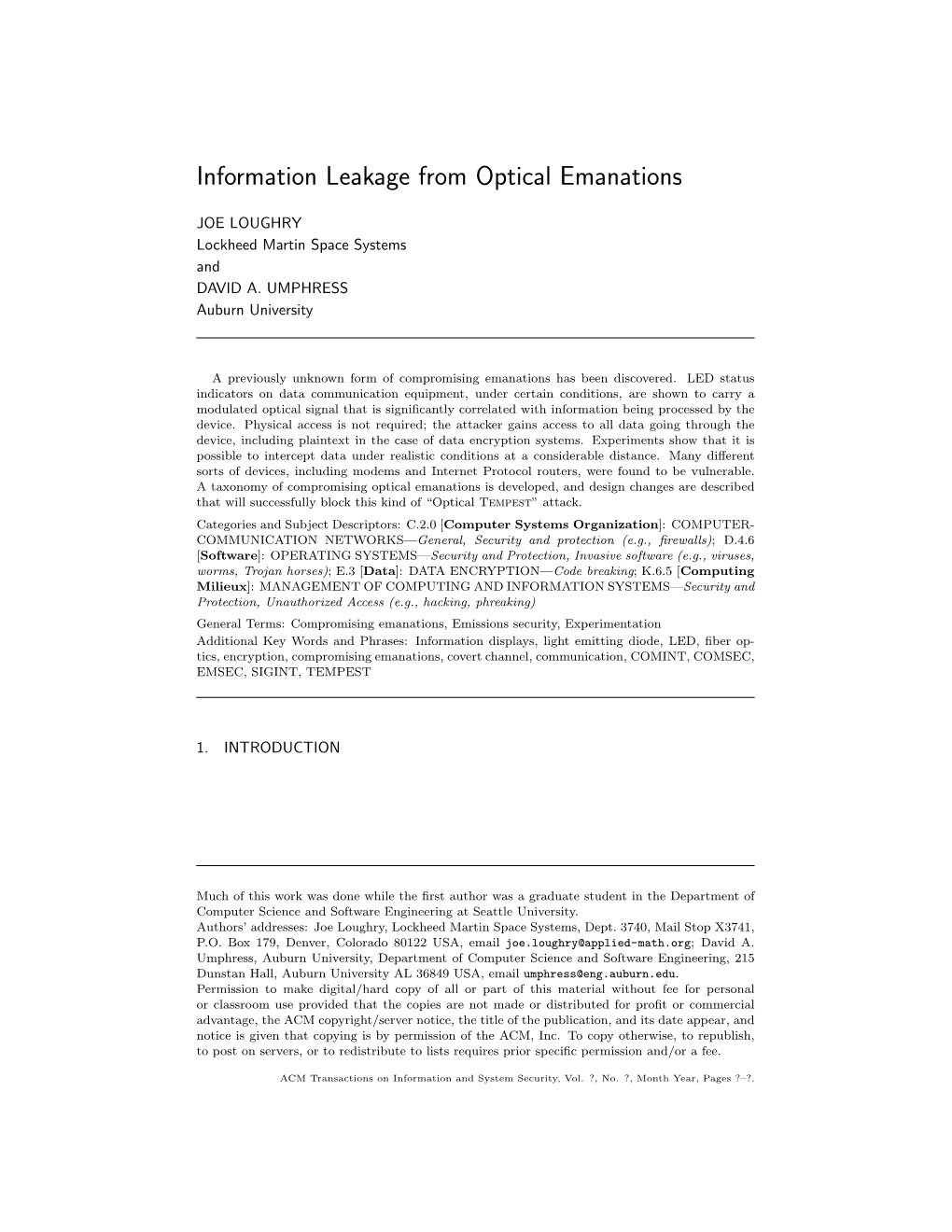 Information Leakage from Optical Emanations