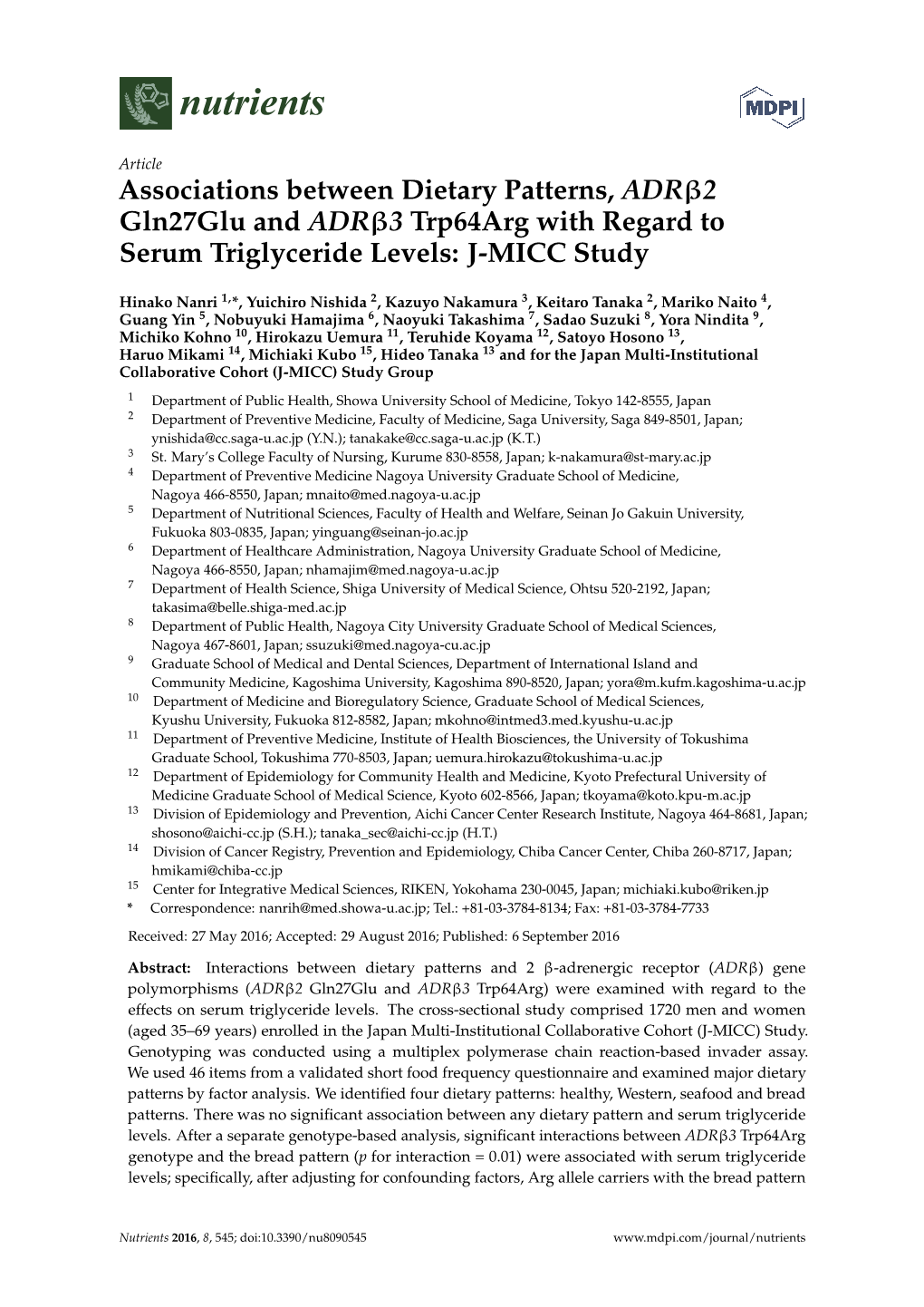 Associations Between Dietary Patterns, ADR2 Gln27glu And