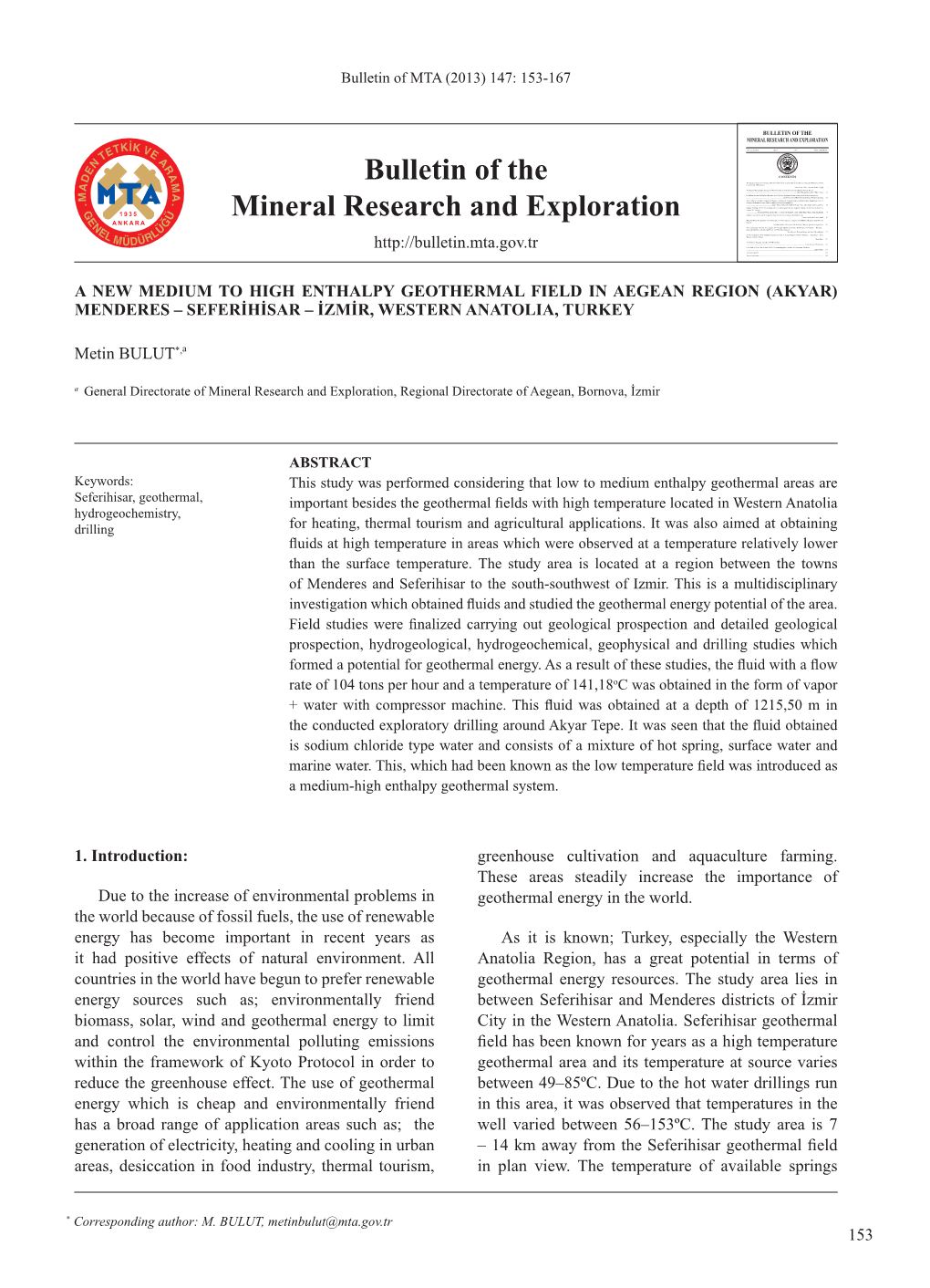 Bulletin of the Mineral Research and Exploration