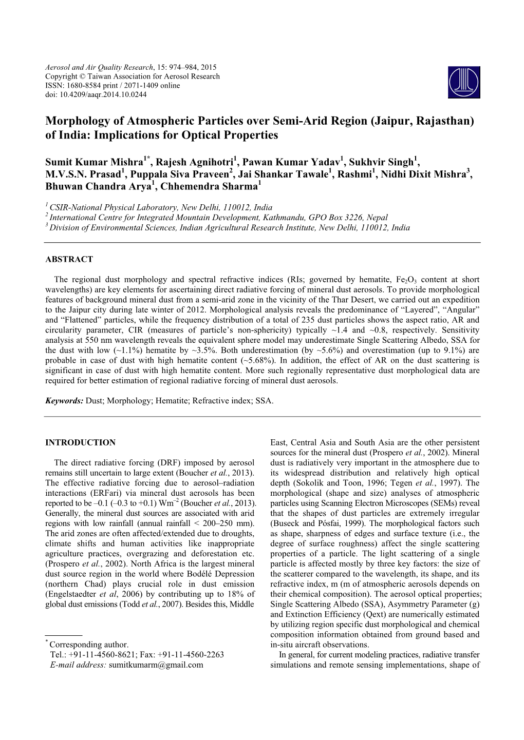 Morphology of Atmospheric Particles Over Semi-Arid Region (Jaipur, Rajasthan) of India: Implications for Optical Properties