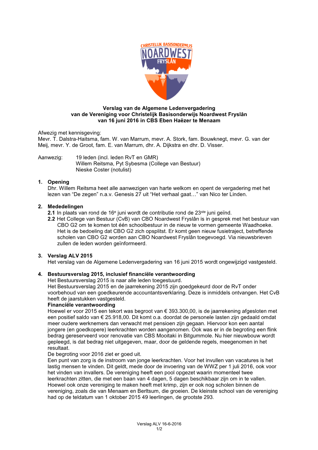 Verslag Van De Algemene Ledenvergadering Van De Vereniging Voor Christelijk Basisonderwijs Noardwest Fryslân Van 16 Juni 2016 in CBS Eben Haëzer Te Menaam