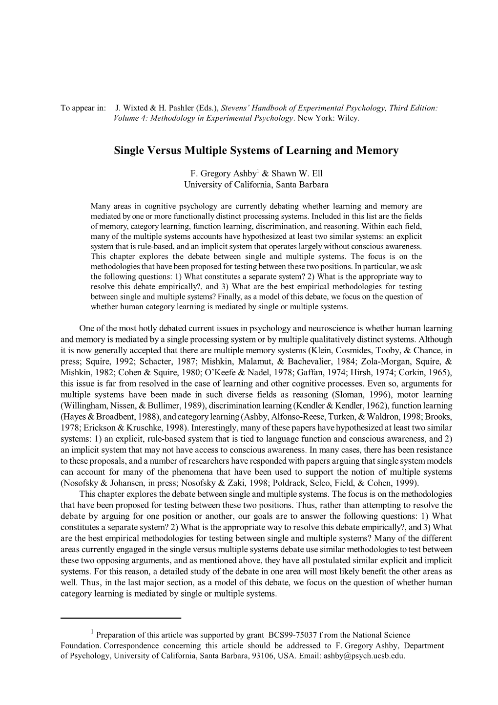 Single Versus Multiple Systems of Learning and Memory