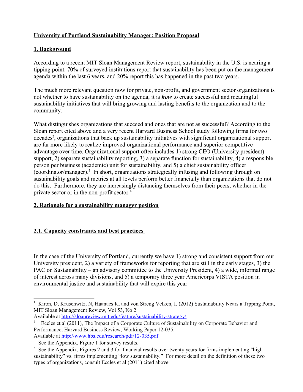 University of Portland Sustainability Manager: Position Proposal