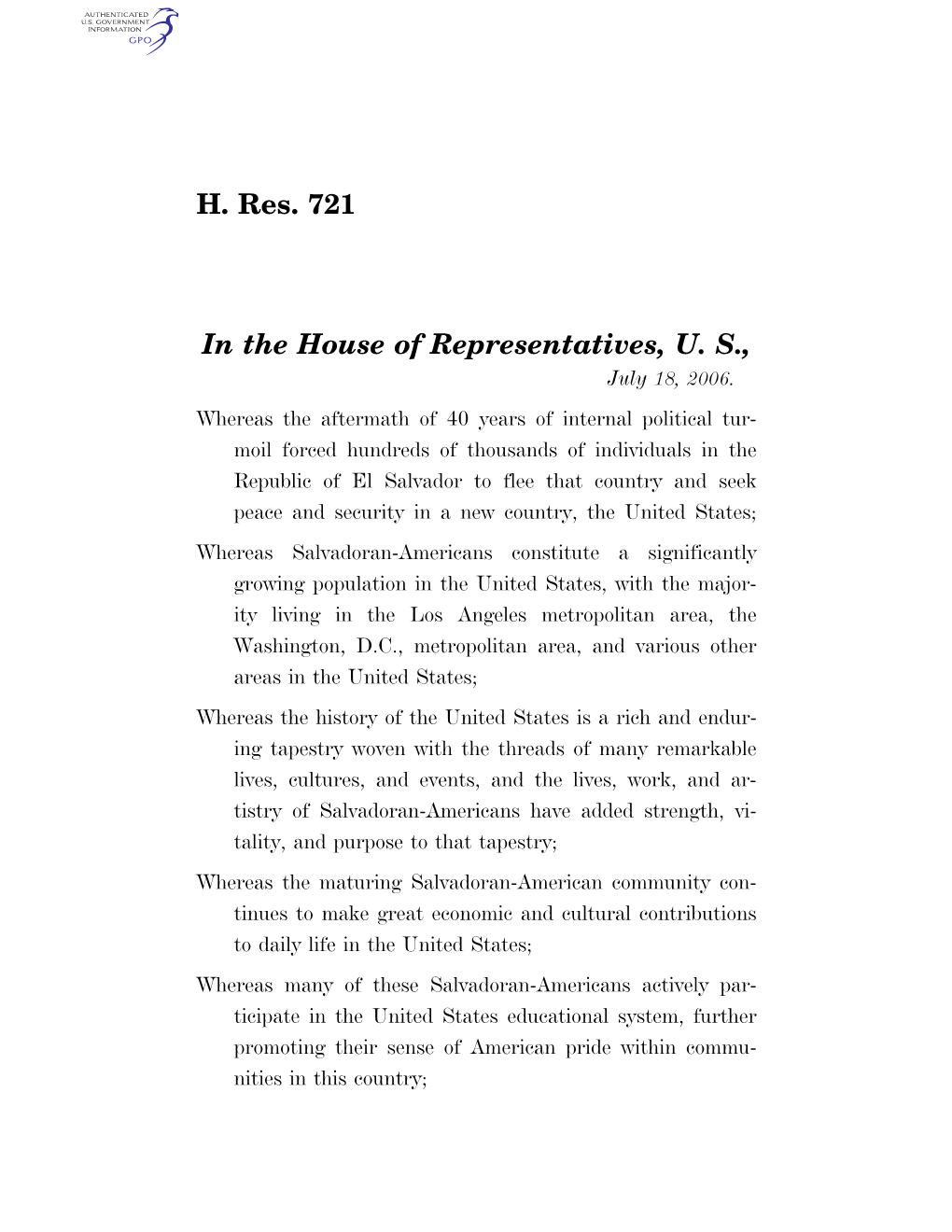 H. Res. 721 in the House of Representatives