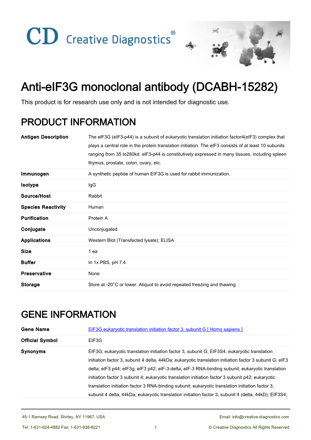 Anti-Eif3g Monoclonal Antibody (DCABH-15282) This Product Is for Research Use Only and Is Not Intended for Diagnostic Use