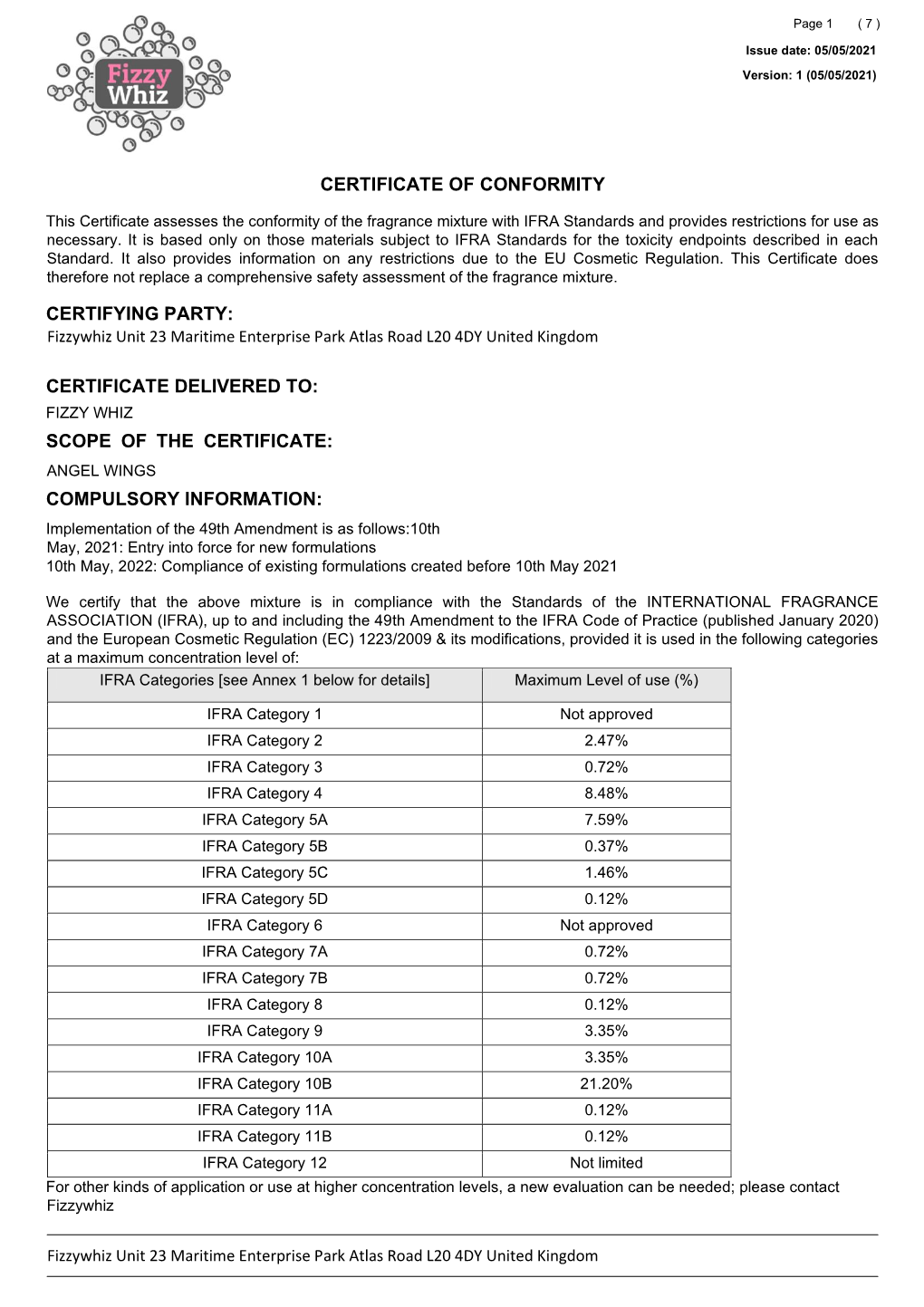 Ifra Conformity Certificate