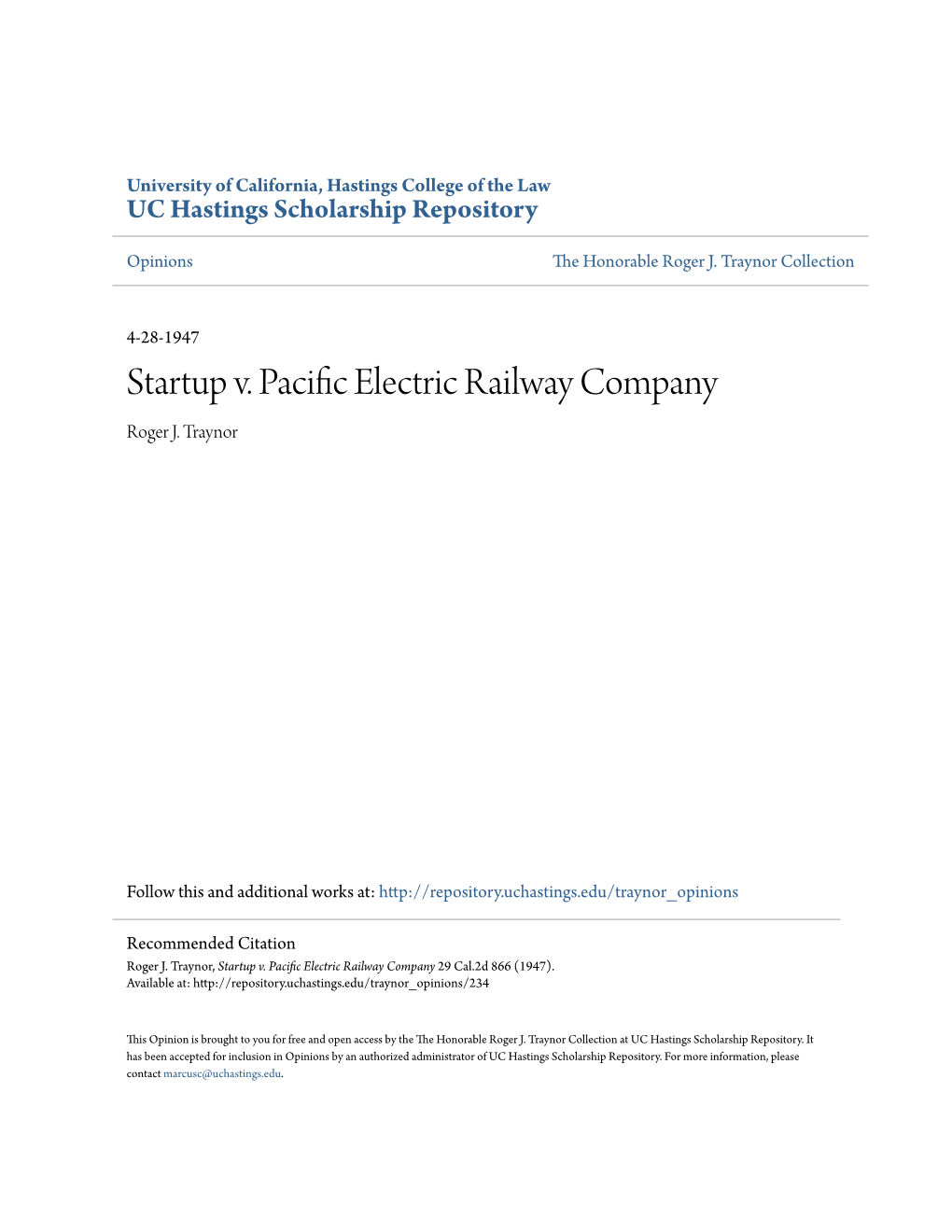 Startup V. Pacific Electric Railway Company