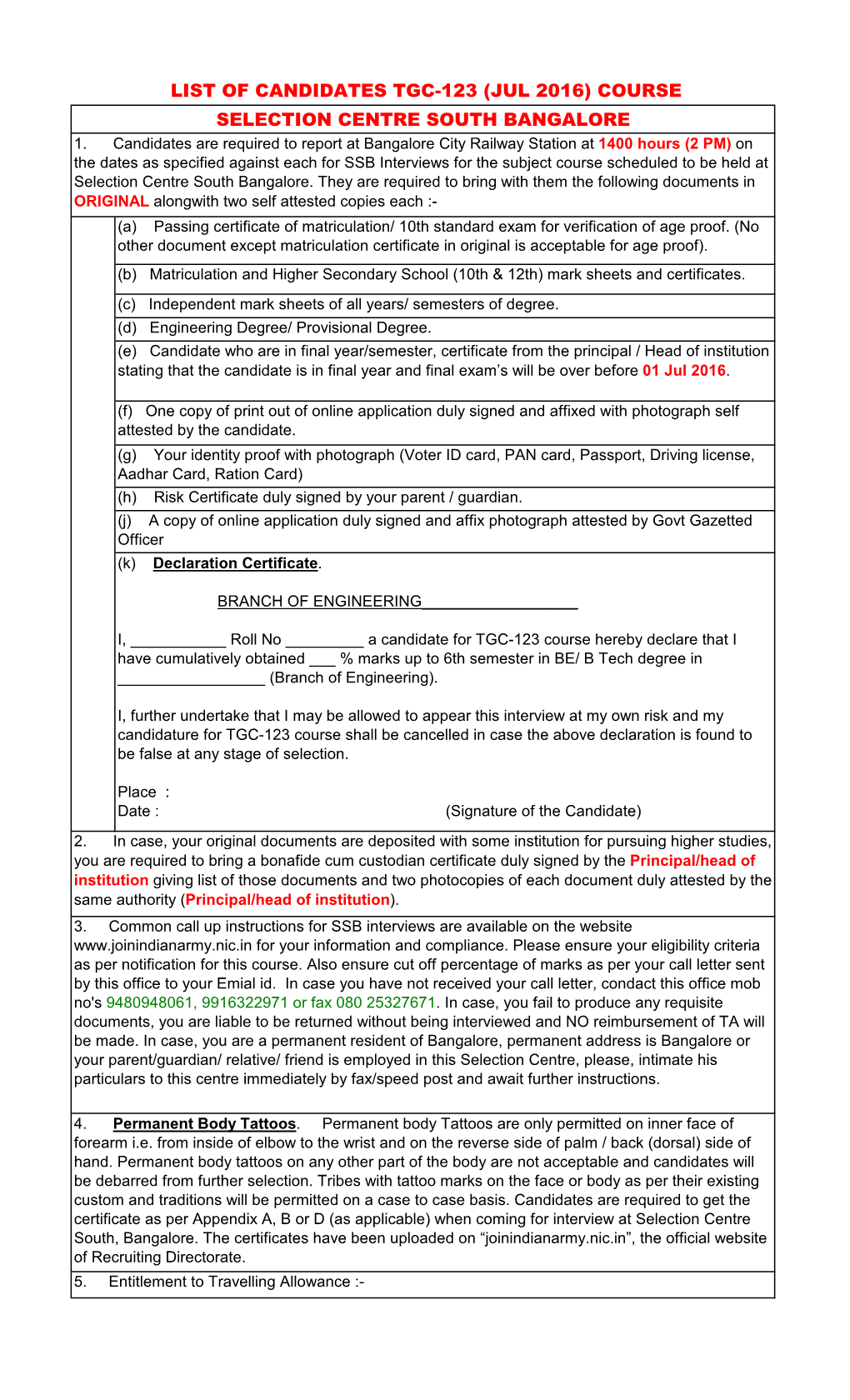 List of Candidates Tgc-123 (Jul 2016) Course Selection Centre South Bangalore 1