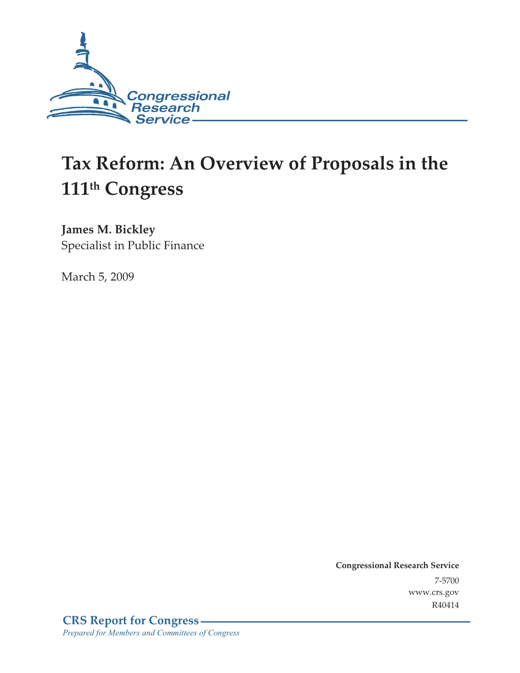 Tax Reform: an Overview of Proposals in the 111Th Congress