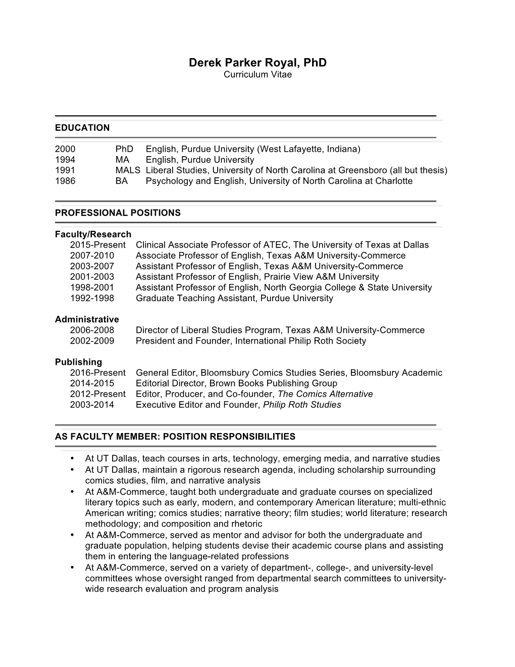 Derek Parker Royal, Phd Curriculum Vitae