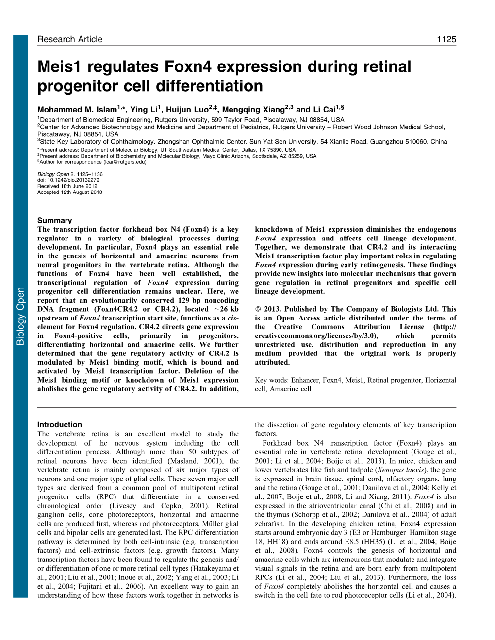 Meis1 Regulates Foxn4 Expression During Retinal Progenitor Cell Differentiation