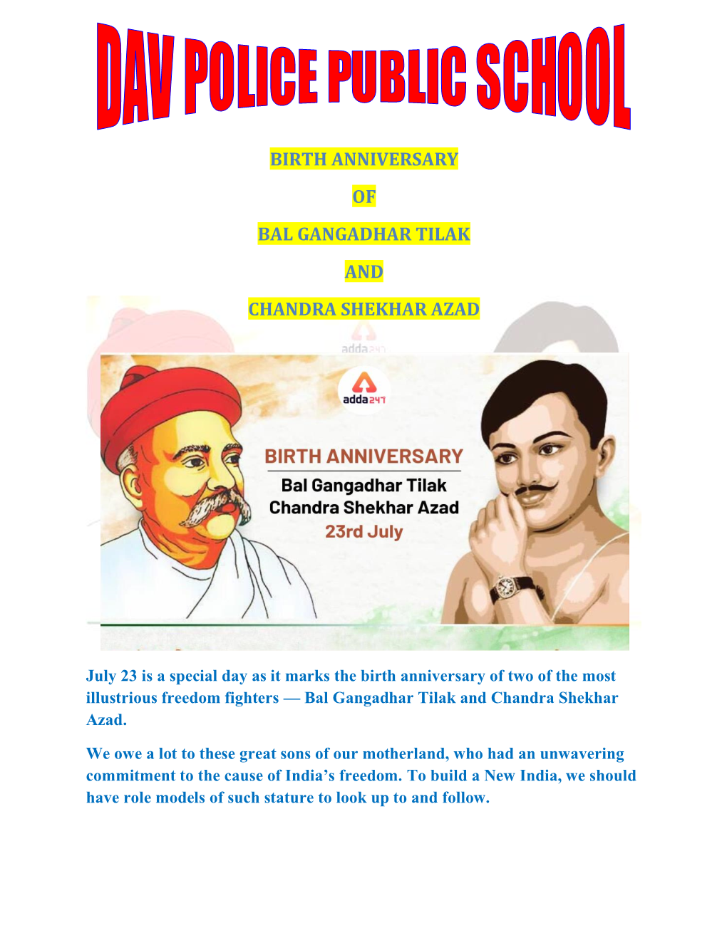 Birth Anniversary of Bal Gangadhar Tilak and Chandra Shekhar Azad