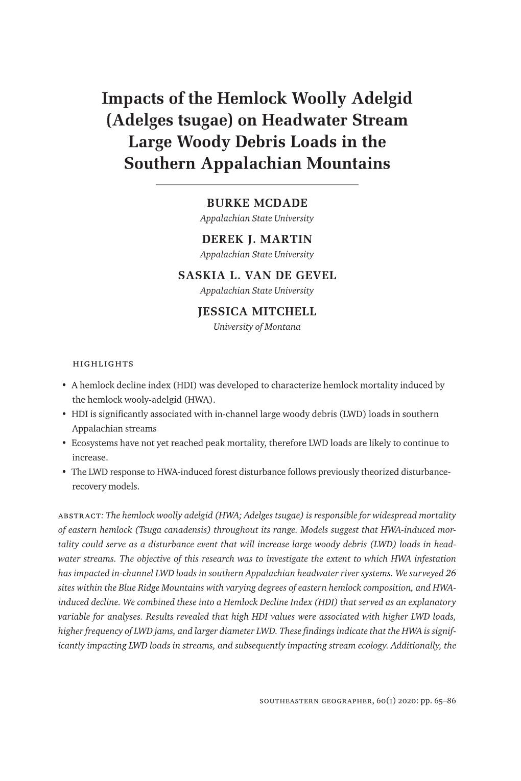 (Adelges Tsugae) on Headwater Stream Large Woody Debris Loads in the Southern Appalachian Mountains