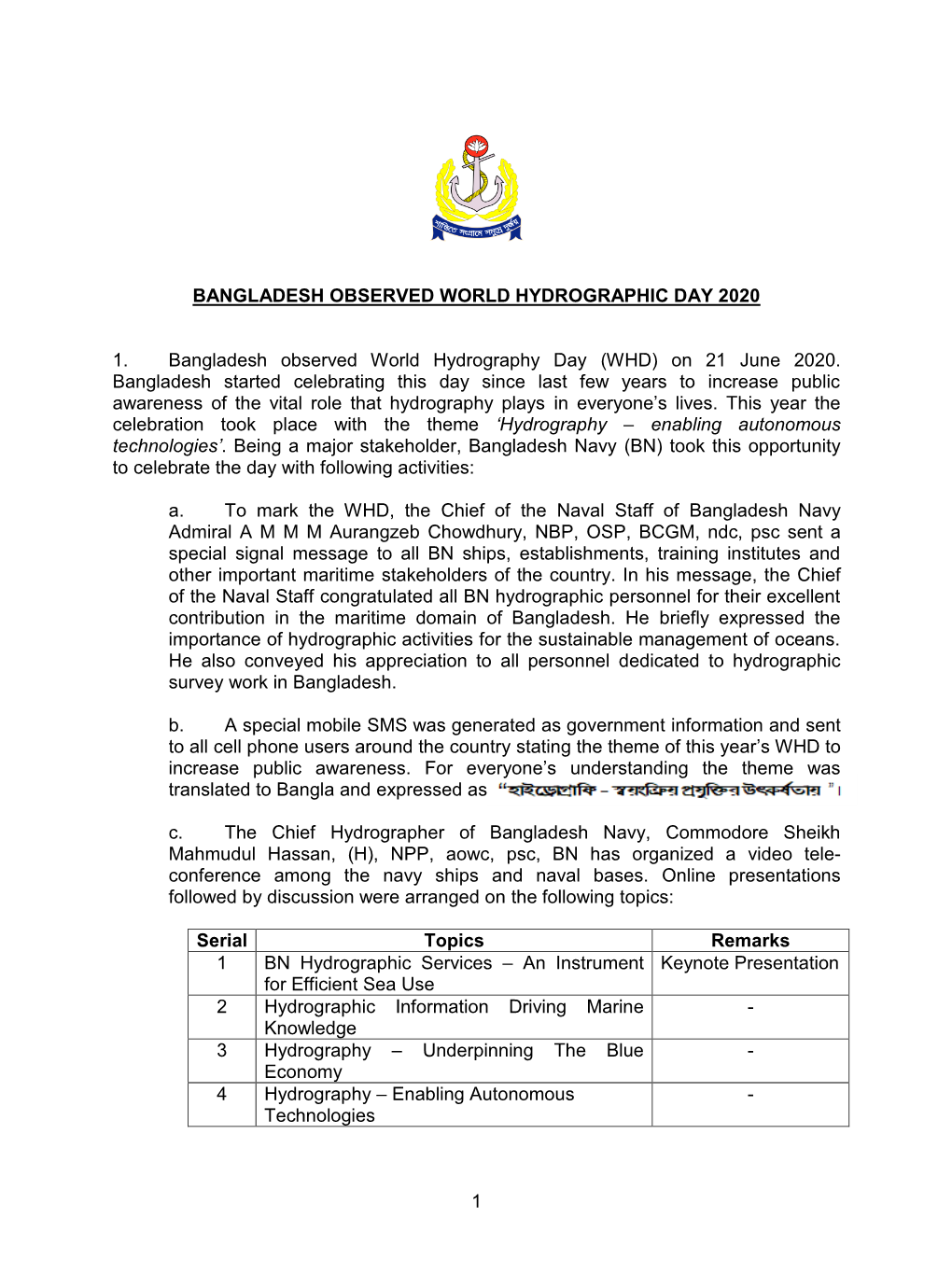 1 BANGLADESH OBSERVED WORLD HYDROGRAPHIC DAY 2020 1. Bangladesh Observed World Hydrography Day (WHD) on 21 June 2020. Bangladesh