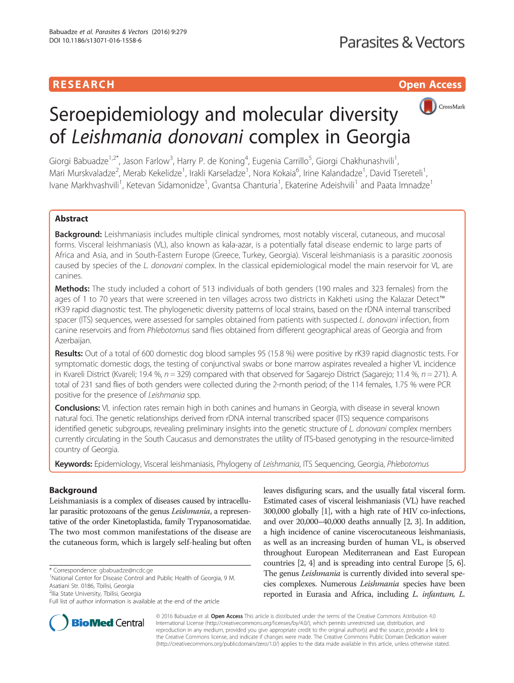 Seroepidemiology and Molecular Diversity of Leishmania Donovani Complex in Georgia Giorgi Babuadze1,2*, Jason Farlow3, Harry P
