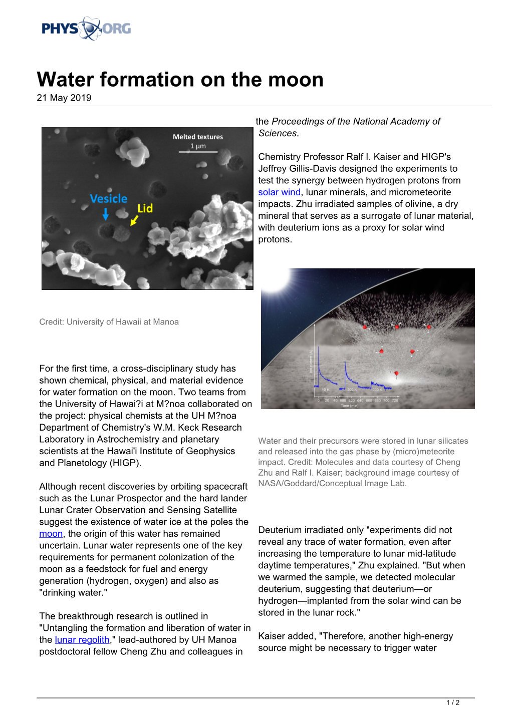 Water Formation on the Moon 21 May 2019