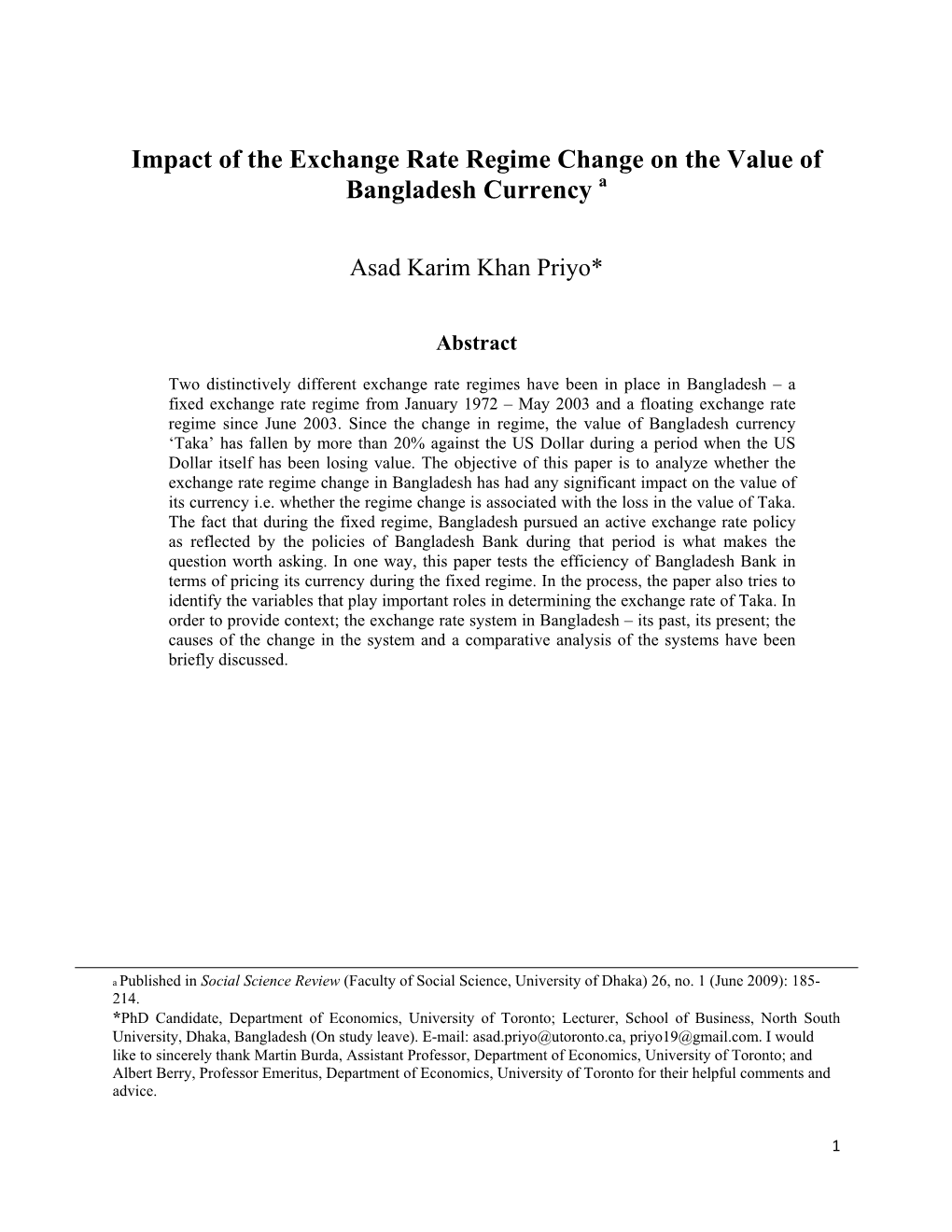 Impact of the Exchange Rate Regime Change on the Value of Bangladesh Currency A