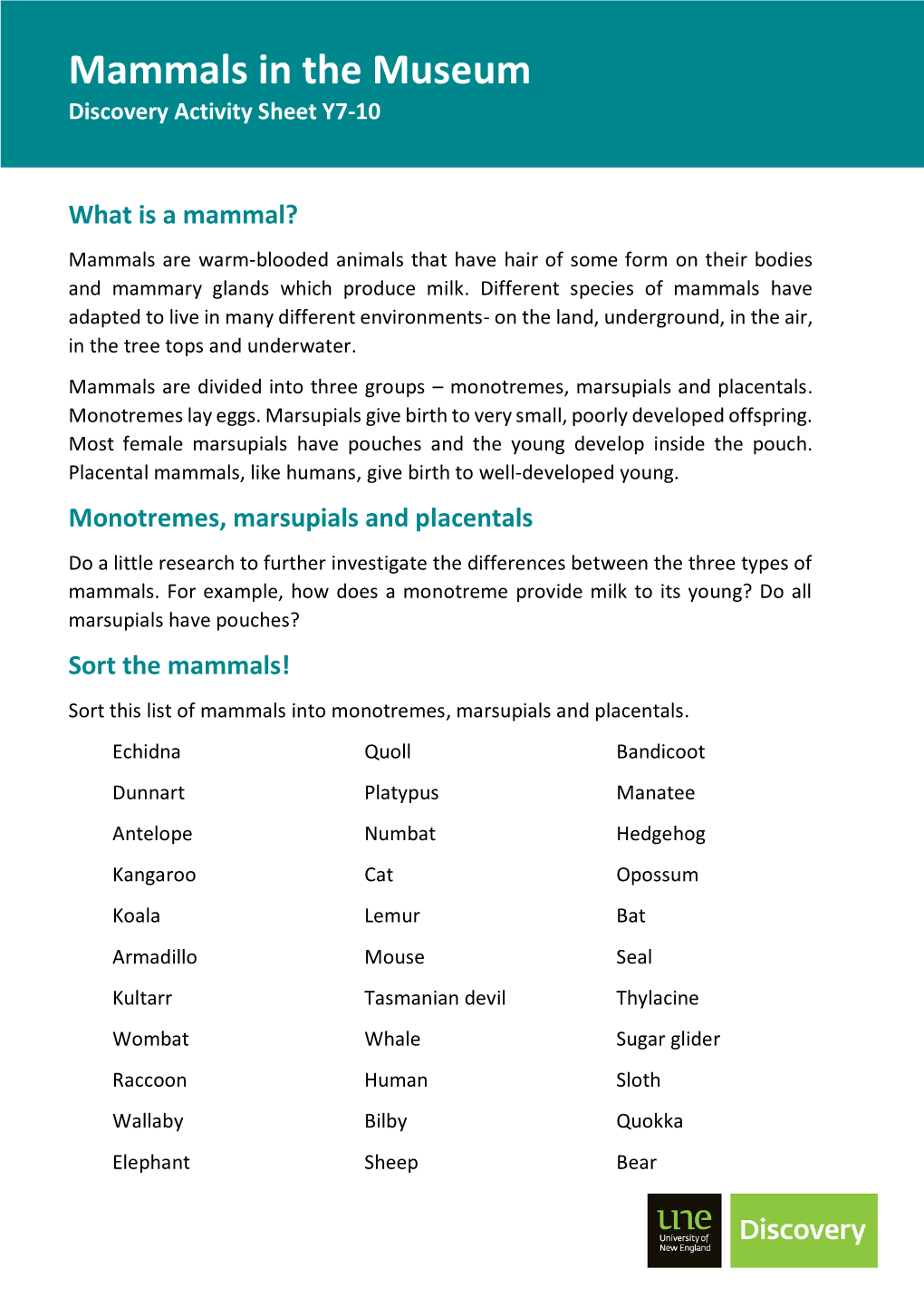 Mammals Activity Sheet 7-10