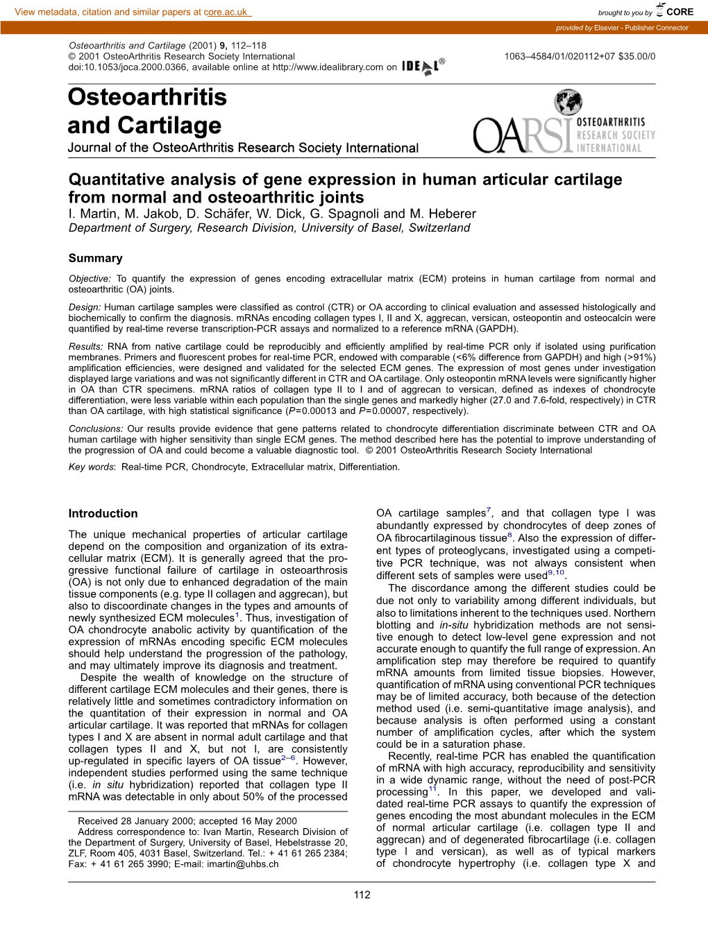 Quantitative Analysis of Gene Expression in Human Articular Cartilage from Normal and Osteoarthritic Joints I