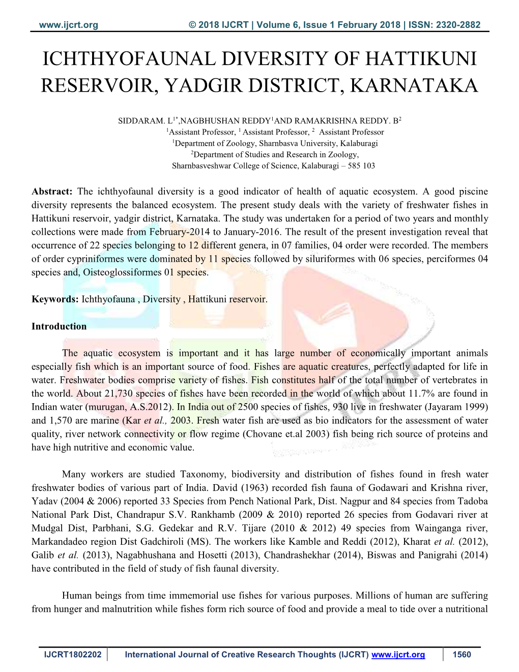 Ichthyofaunal Diversity of Hattikuni Reservoir, Yadgir District, Karnataka