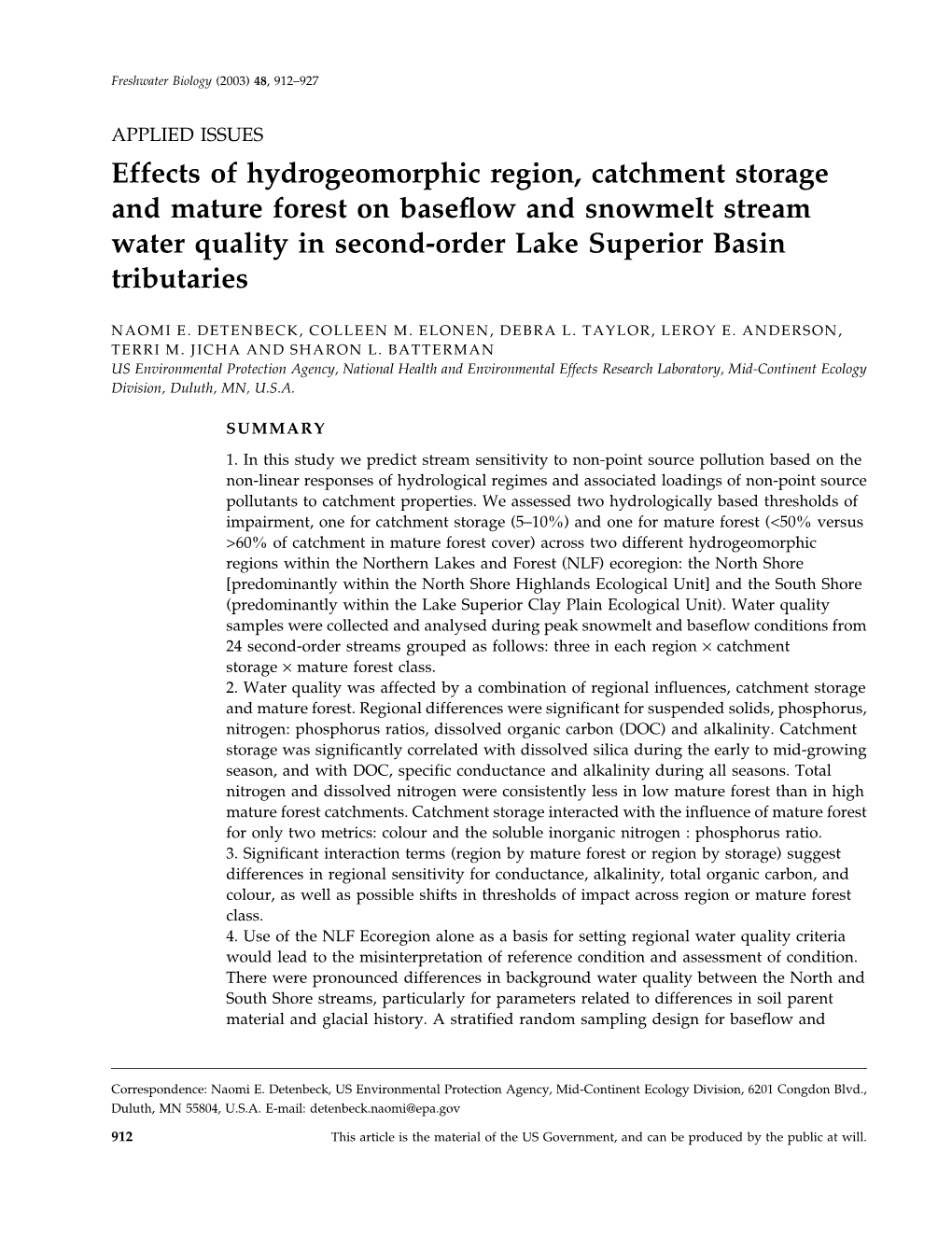 Effects of Hydrogeomorphic Region, Catchment Storage and Mature Forest on Baseﬂow and Snowmelt Stream Water Quality in Second-Order Lake Superior Basin Tributaries