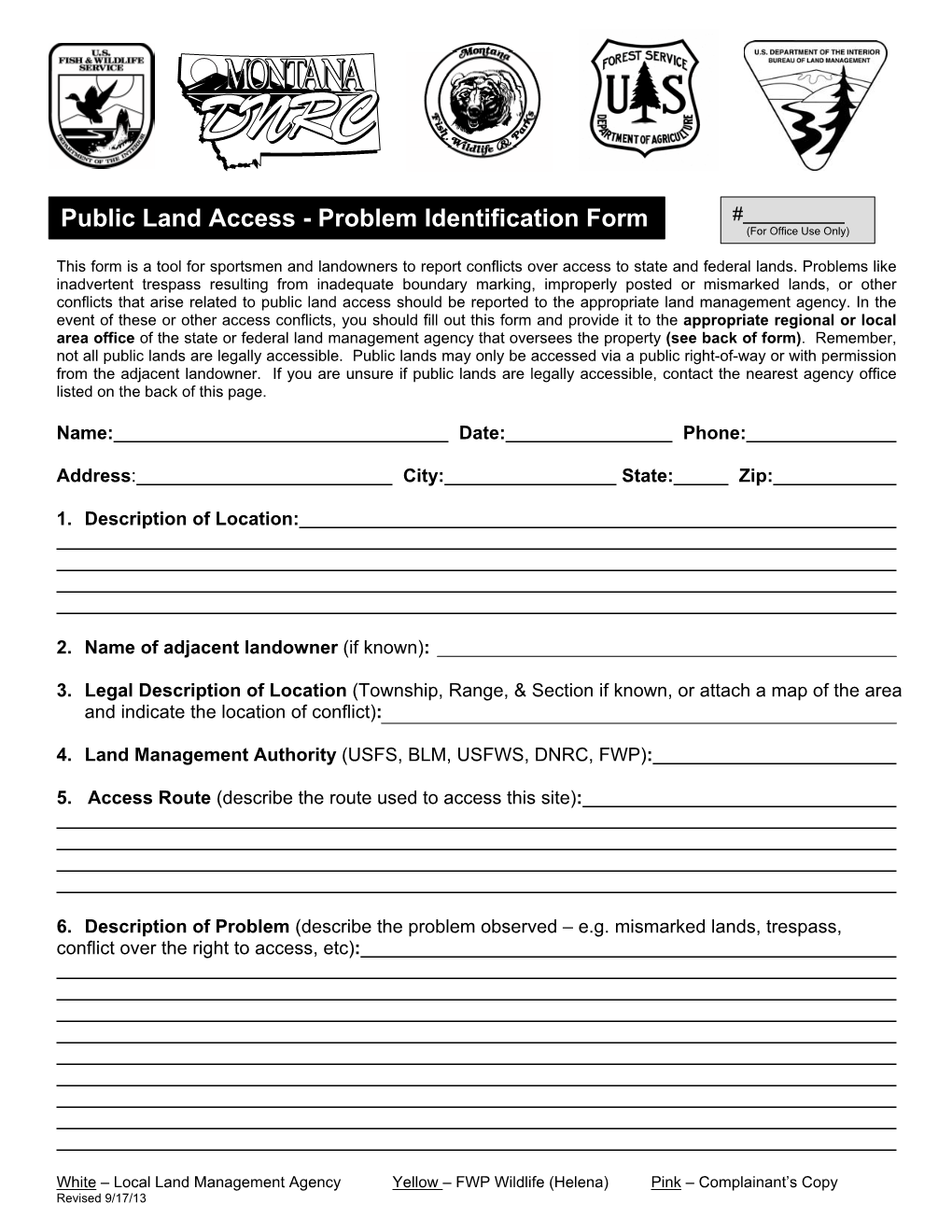 Public Land Access - Problem Identification Form (For Office Use Only)