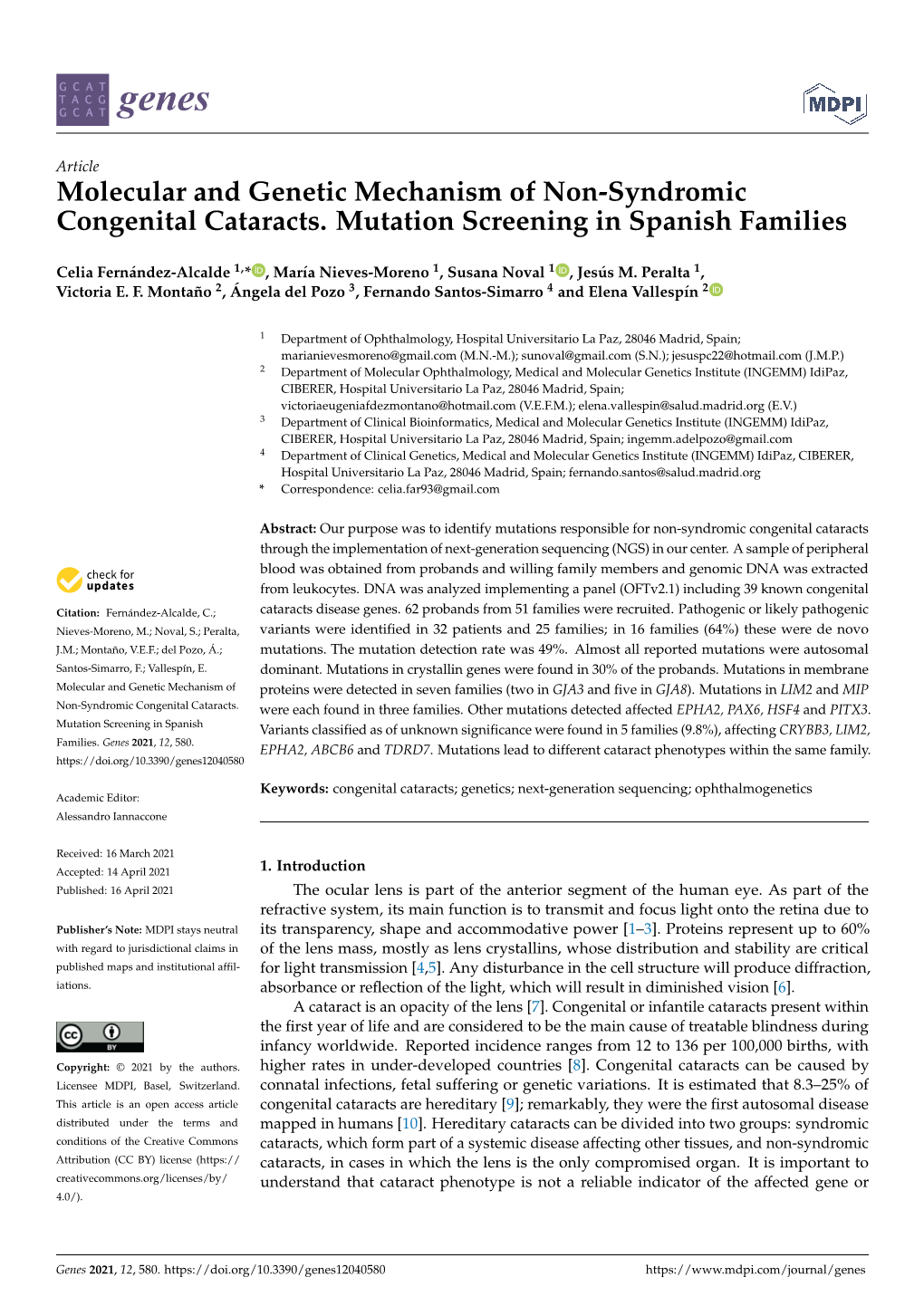 Molecular and Genetic Mechanism of Non-Syndromic Congenital Cataracts